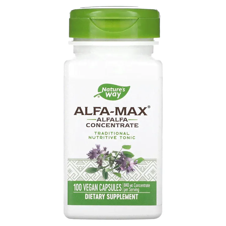 Nature's Way, Alfa-Max, концентрат люцерны, 840 мг, 100 веганских капсул (420 мг в 1 капсуле)-0