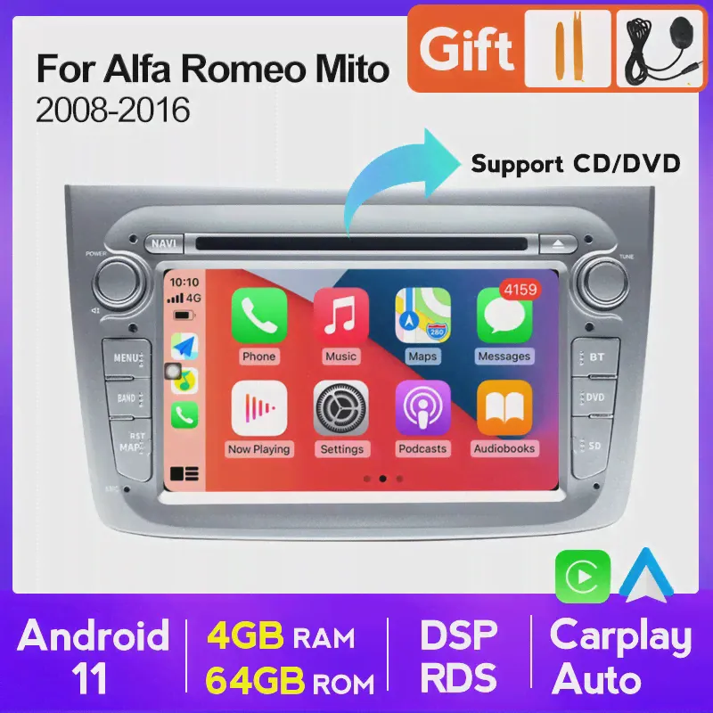 2 DIN Android 11 4+64G DSP CAR DVD -плеер для ALFA ROMEO MITO 2008 Multimedia CarPlay Auto Radio Stereo Video Output GPS Navi FM